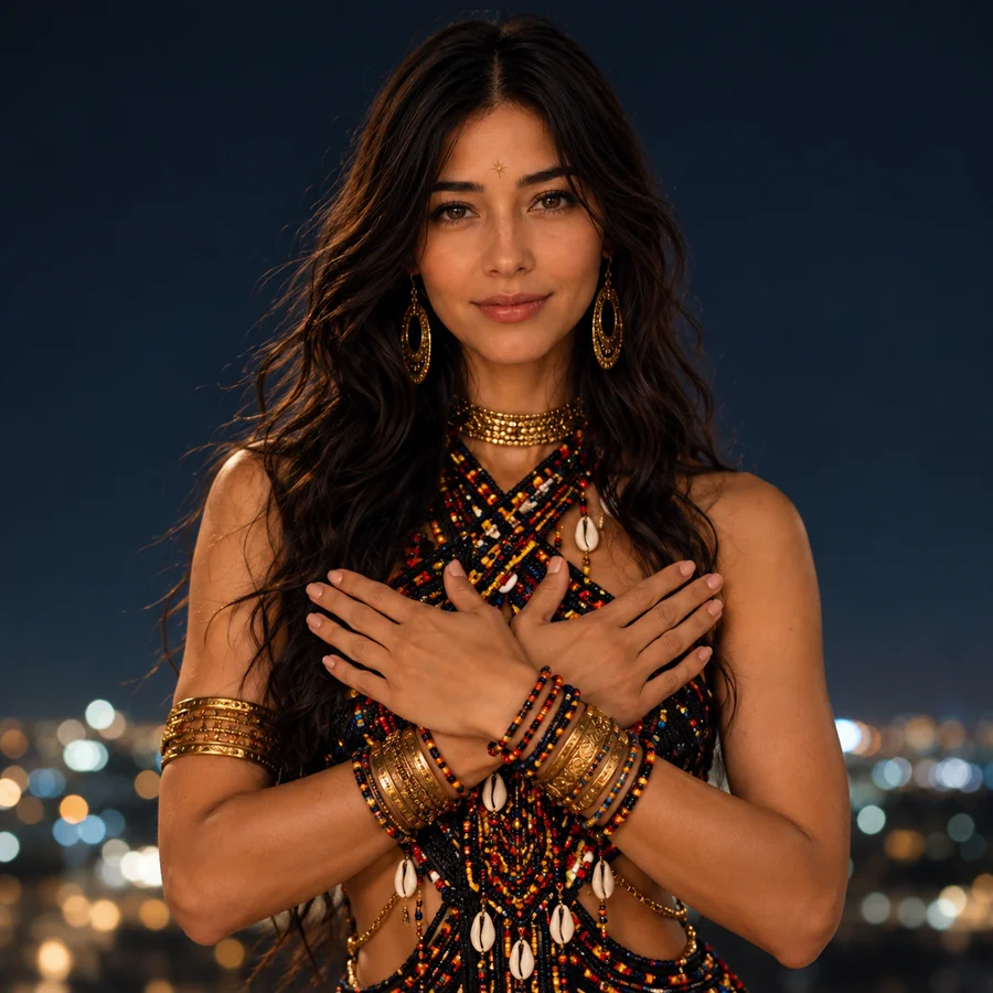 Kaethia_ with her arms crossed over her chest, hands open.