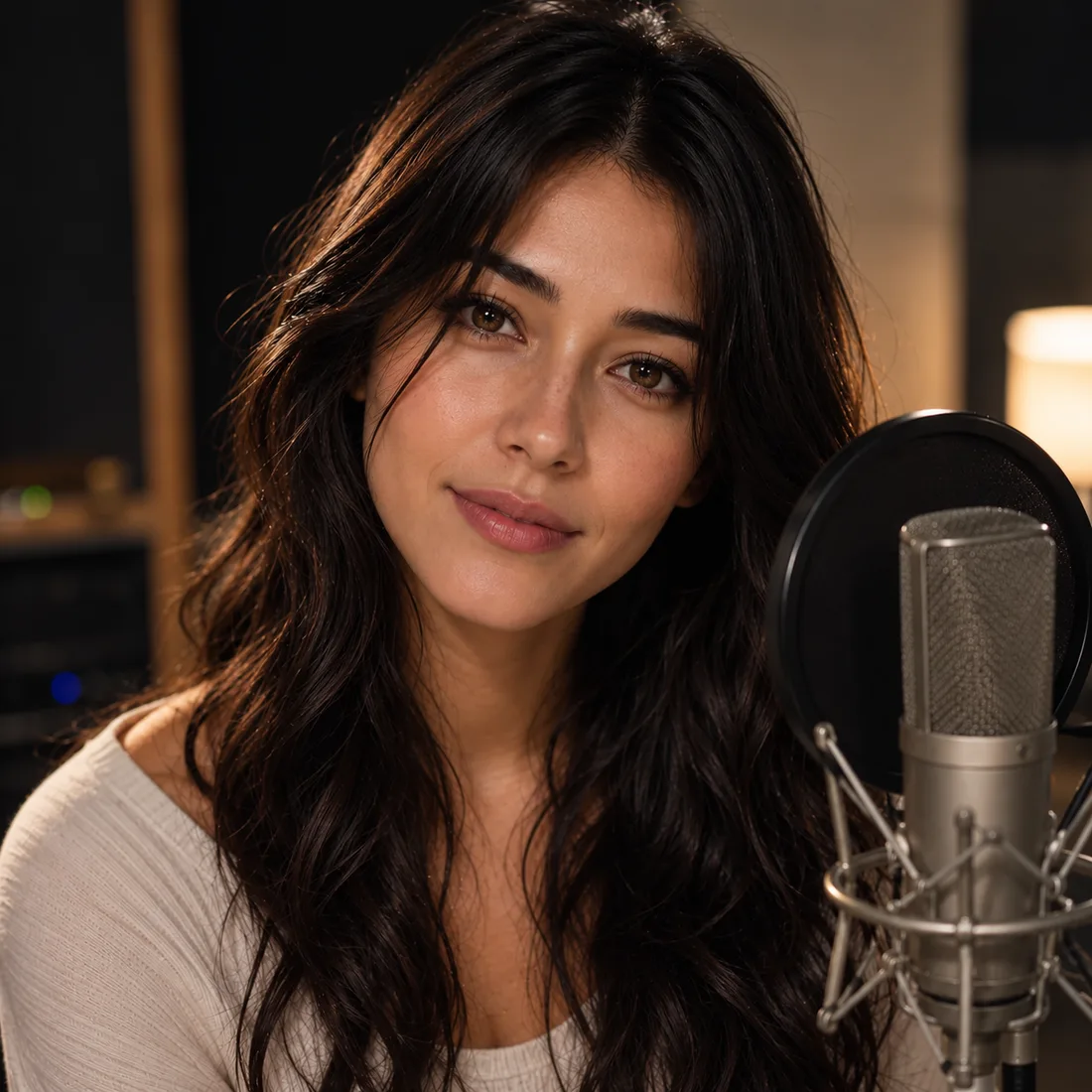 Kaethia_ at a studio microphone, lit from the side.